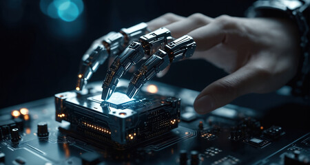 Poster - Close-up of Hand on Technology Control Interface. Hand interacting with a high-tech control interface, emphasizing the intricate designs and modern technology involved in digital interaction.
