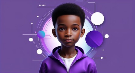 Poster - African boy on purple theme futuristic tech abstract background young kid child portrait design template banner with copy space