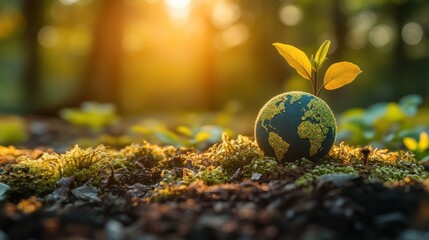 Poster - earth day environment green globe in forest,moss,defocused abstract sunlight,photo stock