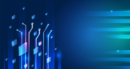 Poster - Futuristic technology background with glowing circuit elements and 3D blocks on a blue gradient. Abstract digital concept design perfect for tech, innovation, and electronic themes. High tech concept.