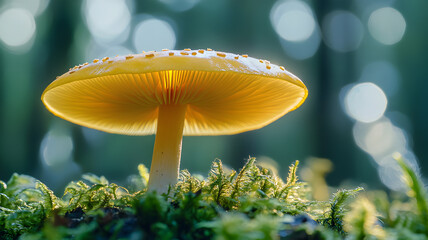 a yellow mushroom is sitting on a patch of moss. the mushroom is surrounded by green grass, and moss