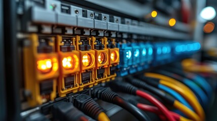 Poster - electrical breaker box,colorful circuit breakers,wires showcasing close up view of components image conveys sense of modern electrical systems,safety,stock photo