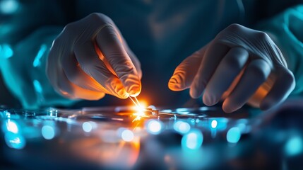 Poster - hands conducting precision work in a laboratory setting, focusing on intricate experiments involving