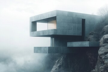 Poster - Modern Stone House on a Mountain Peak in the Fog