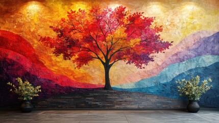 Poster - elegant colorful tree,vibrant leaves hanging branches illustration background bright color 3d abstraction wallpaper for interior mural painting wall art decor ai,photo stock