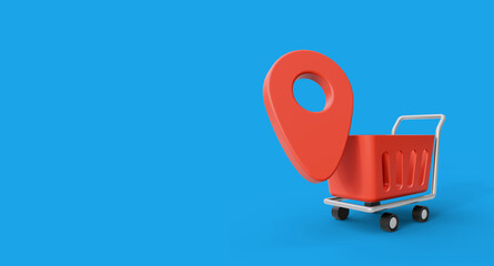 Fototapete - Map pointer with shopping cart on blue background. A marketplace and online shop location element. 3d illustration of shopping location. Shopping concept element for designs. Map pin with cart.
