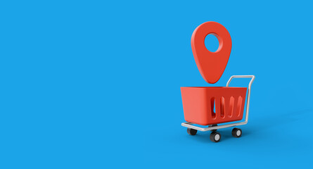 Fototapete - Map pointer with shopping cart on blue background. A marketplace and online shop location element. 3d illustration of shopping location. Shopping concept element for designs. Map pin with cart.
