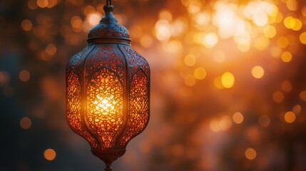 Fototapete - elegant hanging copper moroccan lantern,warm glow on a soft beige background featuring glittering bokeh lights creating a serene,festive ambiance for ramadan kareem,islamic holiday celeb