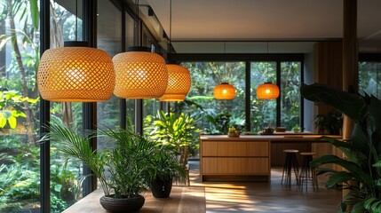 Poster - elegant woven pendant light casting warm shadows in a modern interior space,stock photo