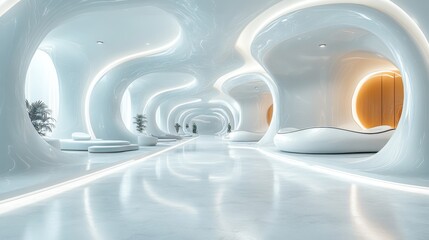 Leinwandbilder - empty space inside futuristic room showroom spaceship hall or studio in perspective include ceiling hidden light white floor,abstract shape modern interior background of future technology