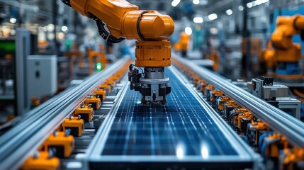 Aufkleber - energy efficient solar panel manufacturing plant,robotic arms,photo stock