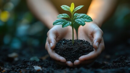 Poster - environment earth day in the hands of trees growing seedlings bokeh green background female hand holding tree on nature field grass forest conservation concept