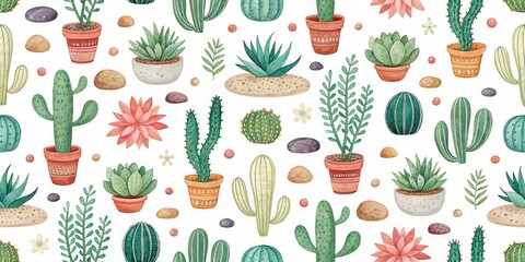 Poster - A vibrant pattern featuring various succulents and cacti in decorative pots, surrounded by stones and small flowers, ideal for botanical-themed designs.