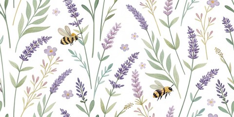 Poster - A delicate floral pattern featuring lavender and bees, showcasing soft colors and intricate botanical designs.