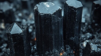 Poster - explore the deep hues,textures of schorl black tourmaline in this stunning macro shot against a dark backdrop,stock image