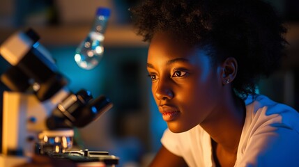 Poster - young scientist observing a specimen under a microscope in a lab during evening hours