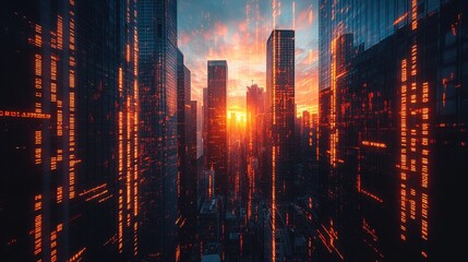 Poster - forex trade market,development concept,growing digital candlestick,indicators on sunny skyscrapers background double exposure