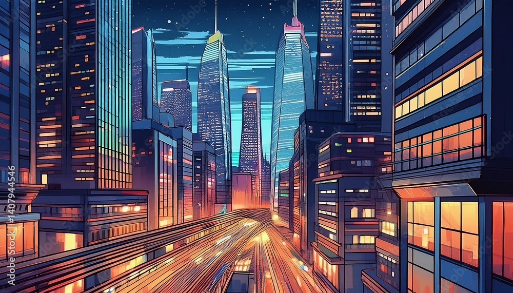 comic book style illustration of skyscrapers at night time with city ...
