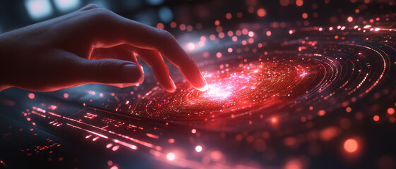 Poster - hand reaching towards glowing galaxy in space
