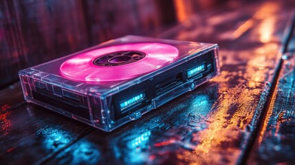 Poster - glowing neon cd,cassette tape rest on a wooden surface radiating electric blue pink,orange lights vibrant reflections,glowing wires enhance the nostalgic scene,stock photo