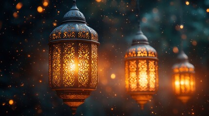 Poster - golden arabic lanterns,sparkling starry background for ramdan greeting