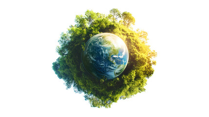 a planet is surrounded by trees and a blue sky. the planet is the center of the image, and the trees