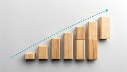 Poster - A minimalist representation of growth, using wooden blocks arranged in ascending order, with an arrow indicating upward progress.
