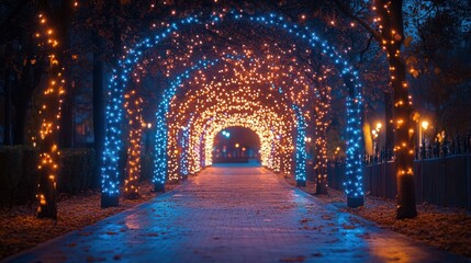 Poster - guirlandes lumineuse dans un parc festivites nocturnes