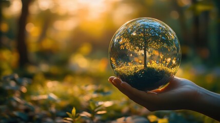 Poster - hand holding glass globe ball,tree growing,green nature blur background eco concept,photo stock