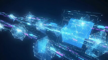 Abstract technological network with glowing polygons, data streams and screen elements on dark background