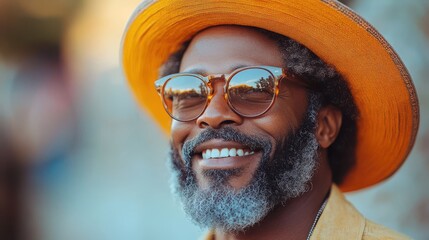 Poster - happy african american senior gay male couple embracing at pride month wearing glasses hats ai