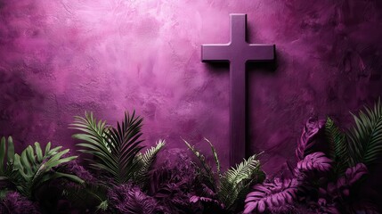 Aufkleber - holy week lent palm sunday good friday easter sunday concept cross palm leaf ashes purple fabric,copy space background,stock photo