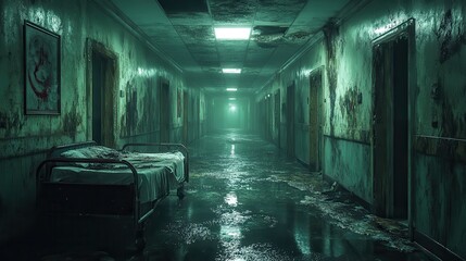 Fototapete - horror scene of a hospital,a hospital bed zombies down the entire hallway dilapidated looking hallway