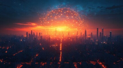 Aufkleber - information,communication technologies network,smart city concept,night skyscrapers landscape under glowing digital dome from illuminated lines,photo stock