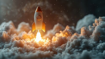 Poster - innovative lightbulb rocket launch on soft gray background