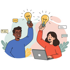 Poster - Spark of Brilliance: Two individuals collaborate, illuminated by glowing lightbulbs symbolizing innovative ideas, capturing the essence of teamwork and inspiration in a vibrant graphic.