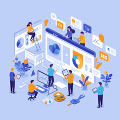 Fototapete - Data Analysis in action: Visualize the dynamic world of data with this stunning illustration, depicting people interacting with analytical dashboards and charts.
