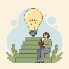 Poster - Idea Generation: A woman sits on steps, sketching on a clipboard, under a large lightbulb symbolizing inspiration and new ideas.