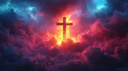 Aufkleber - jesus cross symbol on colorful clouds background generative ai colorful clouds background,christian cross in the middle christian religion cross on spiritual background,stock photo