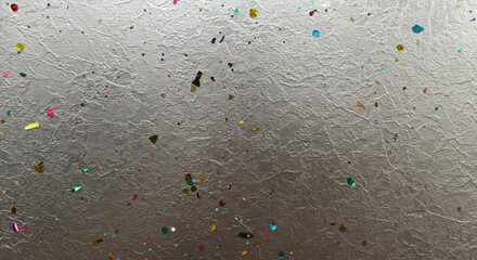 Poster - Silver textured surface with colorful confetti scattered creatively