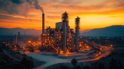 Poster - large cement factory,massive kilns rotating mixers,industrial conveyor belts transporting raw materials,stock image