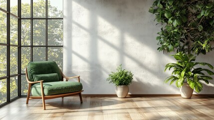 Poster - living room style minimal,green armchair on empty white wall background 3d rendering