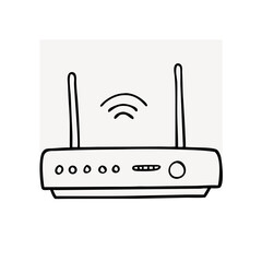 Poster - Wireless Router Doodle: A simple hand-drawn illustration of a wireless router with antennas extended and wifi signal icon above, representing connectivity and network access. 