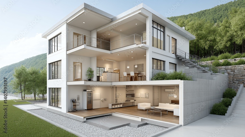 Cutaway render of smart eco house showing thermal mass walls, solar ...