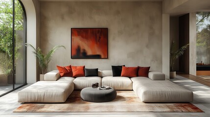Poster - minimalist japandi style interior design of modern living room sectional sofa,black,red pillow near stucco wall,abstract art frame,photo stock