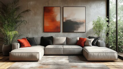 Poster - minimalist japandi style interior design of modern living room sectional sofa,black,red pillow near stucco wall,abstract art frame