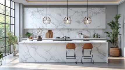 Poster - minimalist white marble kitchen island,decorative items set in in a minimalist bright kitchen,photo stock