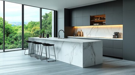 Poster - minimalist white marble kitchen island,decorative items set in in a minimalist bright kitchen