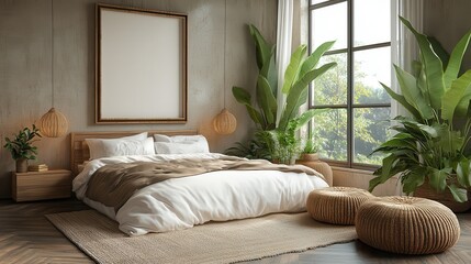Poster - mockup frame in bedroom interior background light bohemian room 3d render,photo stock