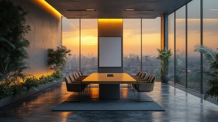 Fototapete - modern conference room,blank vertical poster on wall,bright city view through large windows 3d rendering,stock image
